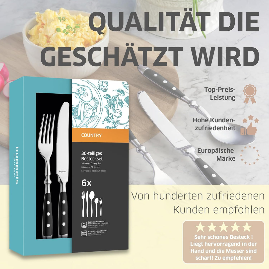 Kuppels COUNTRY Besteck Set 6 Personen 30-teilig, schwarzes Edelstahlbesteck mit 3-fach genieteten K