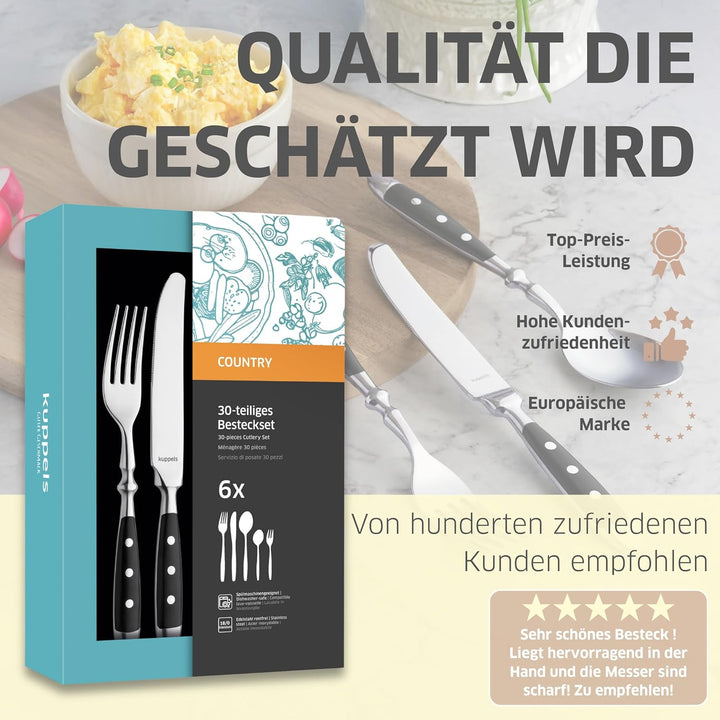 Kuppels COUNTRY Besteck Set 6 Personen 30-teilig, schwarzes Edelstahlbesteck mit 3-fach genieteten K