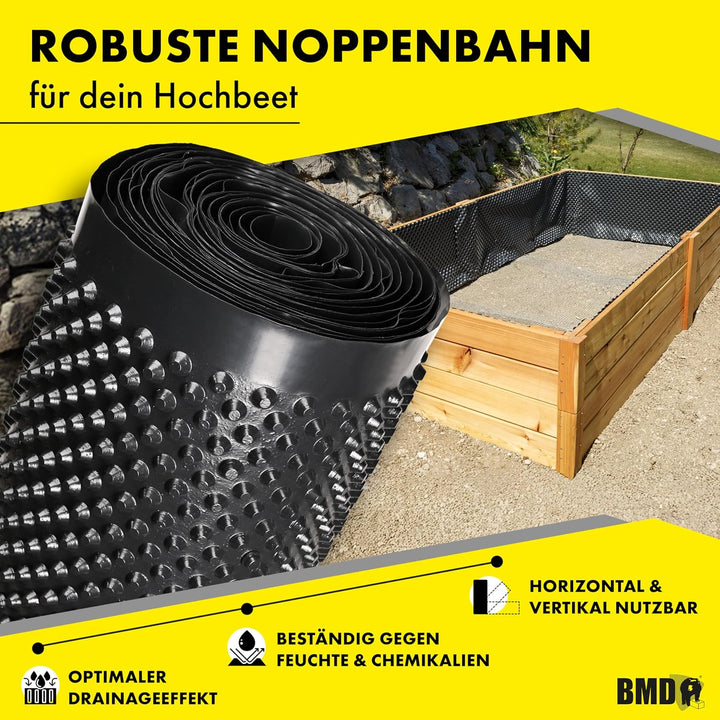 BMD Noppenbahn | 1m x 20m | 4 Grössen | Hochbeetfolie ohne Weichmacher | Noppenfolie für den Grundma