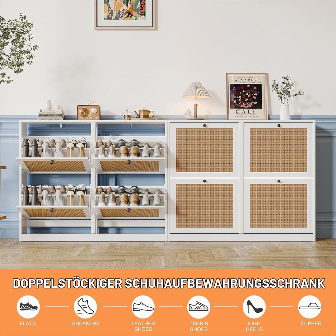 Rattan Schuhkipper mit 4 Klappen, Schuhkommode Flur Schmal, Natürliches Rattan Schuhschrank Schmal f