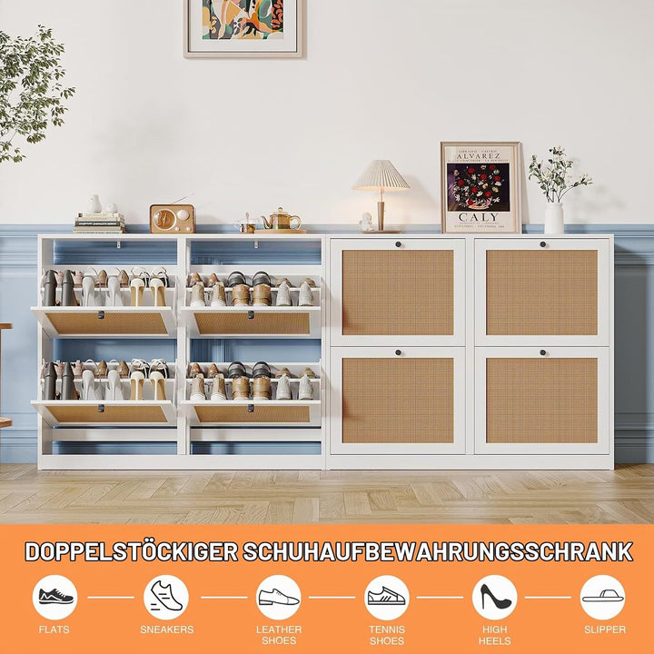 Rattan Schuhkipper mit 4 Klappen, Schuhkommode Flur Schmal, Natürliches Rattan Schuhschrank Schmal f