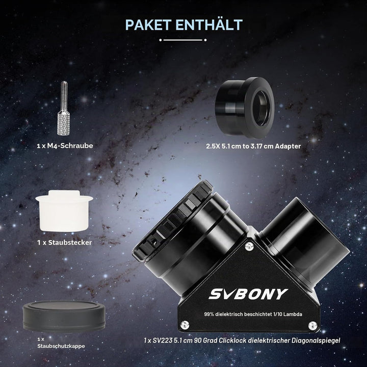 Svbony SV223 Diagonalspiegel, 2" 90° Stern Zenitspiegel mit 1,25" Adapter und Kohlefasermaterial, 99