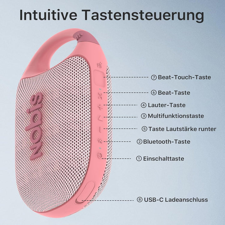 NOBIS Clip N1 Tragbarer Bluetooth Lautsprecher mit App, Beat-Modus, bis zu 24 Stunden Spielzeit, IP6