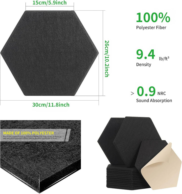 Rdutuok 12 Stück Selbstklebend Akustik Panel,30x26x1cm Hexagon Akustik Absorber Schallschutzplatten