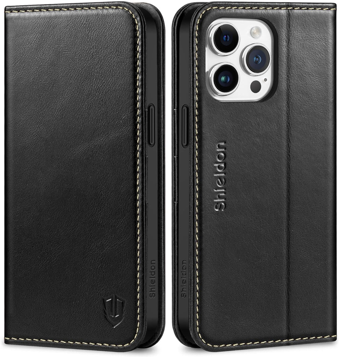 SHIELDON Hülle für iPhone 15 Pro Max, Stossfeste Schuzhülle [Echtleder] [Kartenfach] [Stand] [Verdic