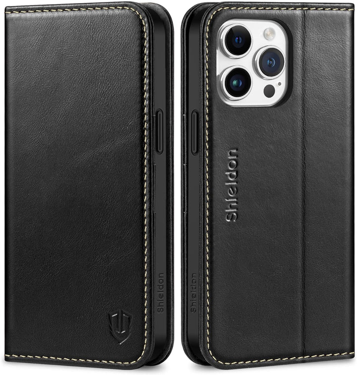 SHIELDON Hülle für iPhone 15 Pro Max, Stossfeste Schuzhülle [Echtleder] [Kartenfach] [Stand] [Verdic