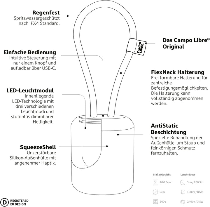 Campo Libre.® LENI I Campinglampe I flexible Outdoorlampe zum Aufhängen, Hinstellen und Montieren I