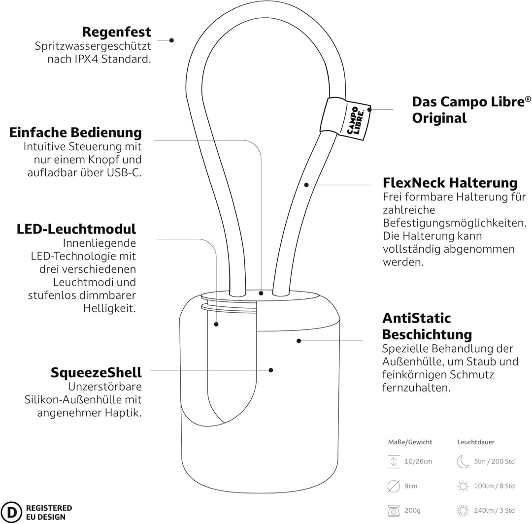 Campo Libre.® LENI I Campinglampe I flexible Outdoorlampe zum Aufhängen, Hinstellen und Montieren I