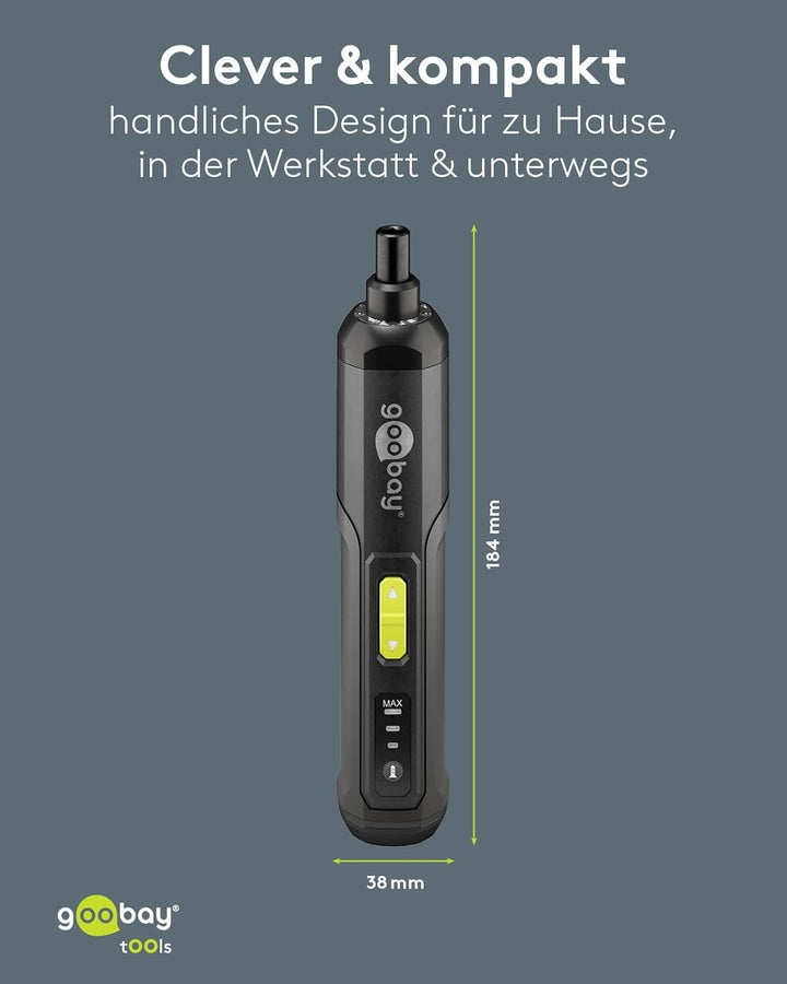 goobay Mini-Akkuschrauber-Set 28 teilig - 24 Bits, 1 Verlängerung, 1 Halterung und 1 Adapter aus Chr