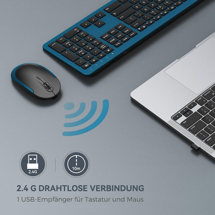 Tastatur Maus Set Kabellos, seenda SK38-3 Ultra-Dünne Wiederaufladbare Funk Tastatur Maus Set, Ergon