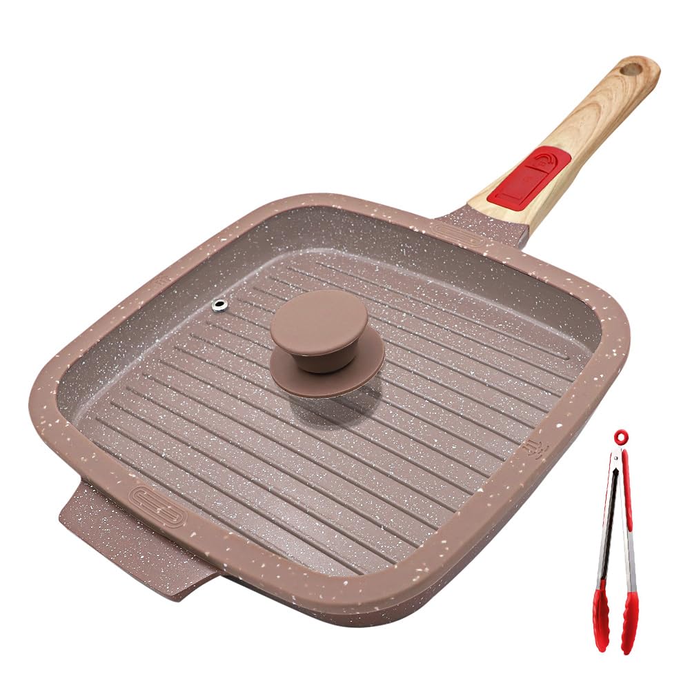 Grillpfanne Induktion mit Deckel 26 x 24 cm, Antihaft Keramikbeschichtung Grill Pfanne mit Abnehmbar