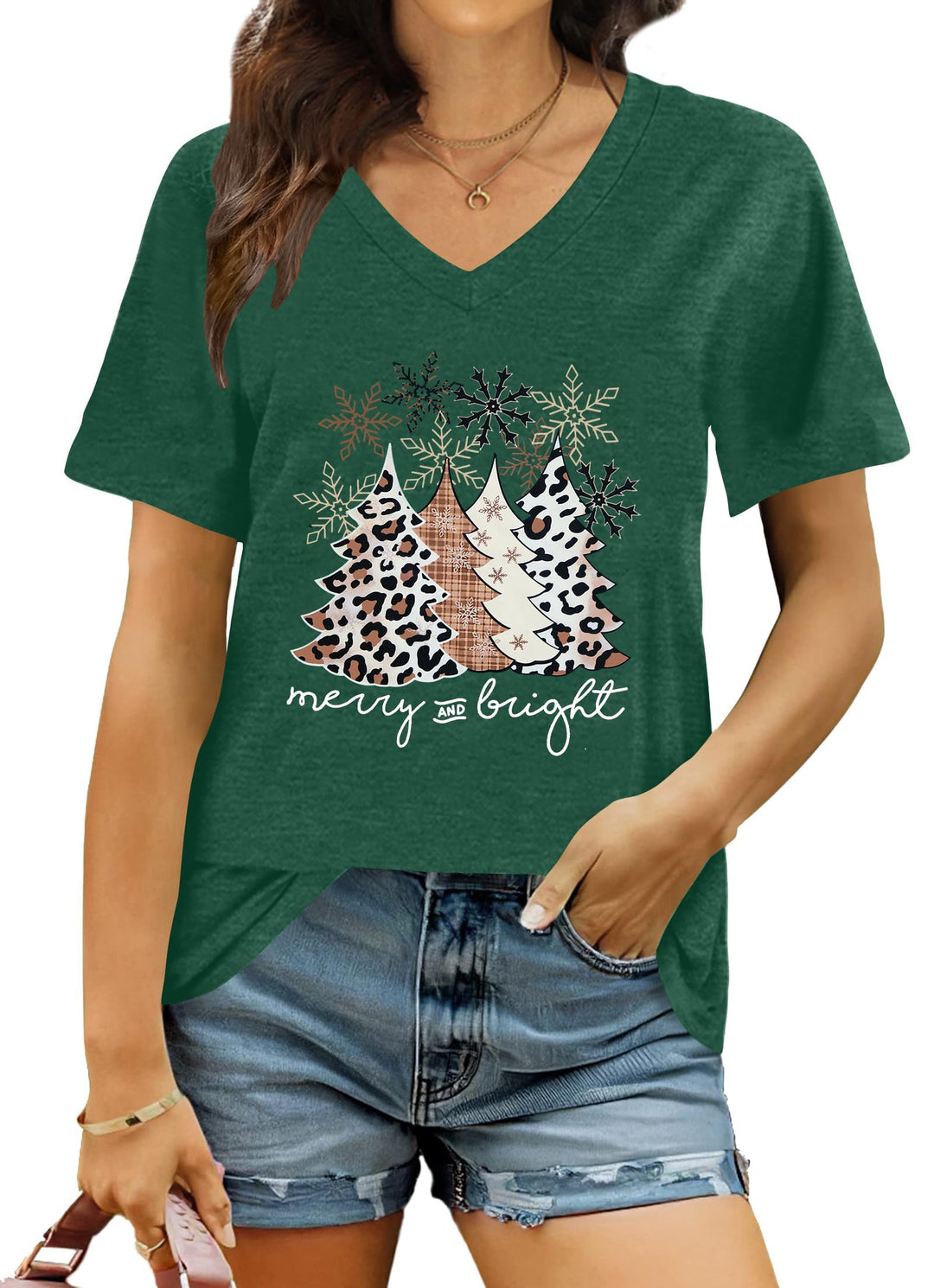 hohololo Weihnachts Tshirt Damen Christmas Shirt Merry Christmas V-Ausschnitt-T-Shirt Grün1 S, Gr&amp;