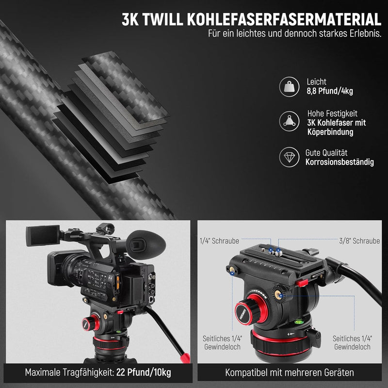 NEEWER 78" Pro Kohlefaser Videostativ mit Fluidkopf, 360° Schwenk- und 145° Neigungsdämpfung, DSLR K