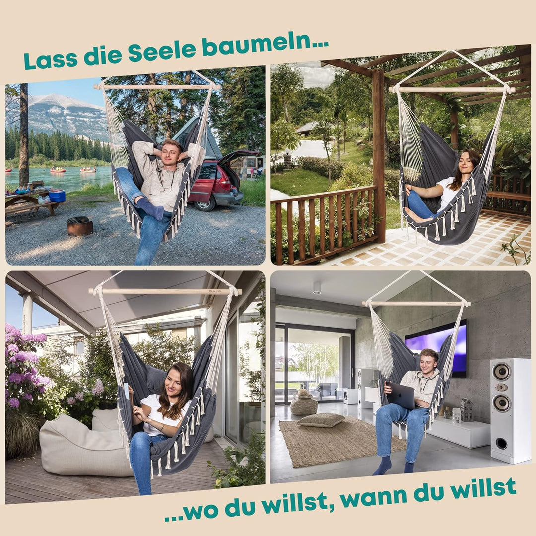 BELLAMATILDA® HÄNGESESSEL 3 Kissen &amp; Zubehör mit Seil und Haken | Hängeschaukel Outdoor &amp; Indoor | X