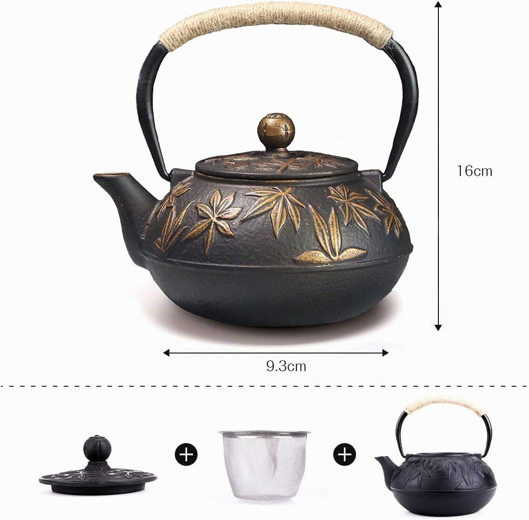 Webao Teekanne Gusseisen, 800ml Asiatische Teekanne Teekessel mit Edelstahl Sieb, Gold Ahornblätter