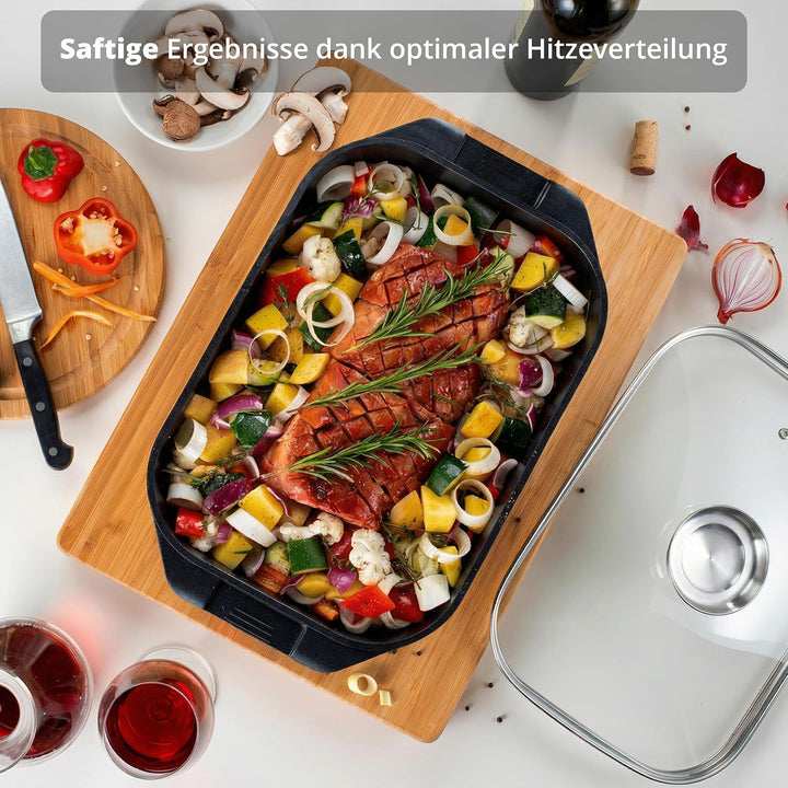KHG Aluminium Bräter mit Glasdeckel & Aromaknopf 26x41 cm Rechteckig 11 L - ILAG Xeradur®5 Antihaftb