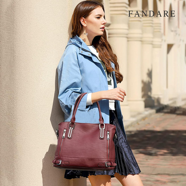 FANDARE Leichte Handtschasche Vintage Schultertasche Damen Umhängetasche Frauen Schulranzen PU Leder