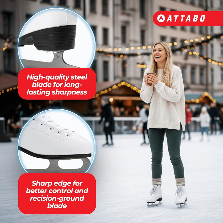 ATTABO Eislaufschuhe Damen Schlittschuhe Weiss 36-41, Schnürung, klassisches Design, Wärme und Komfo