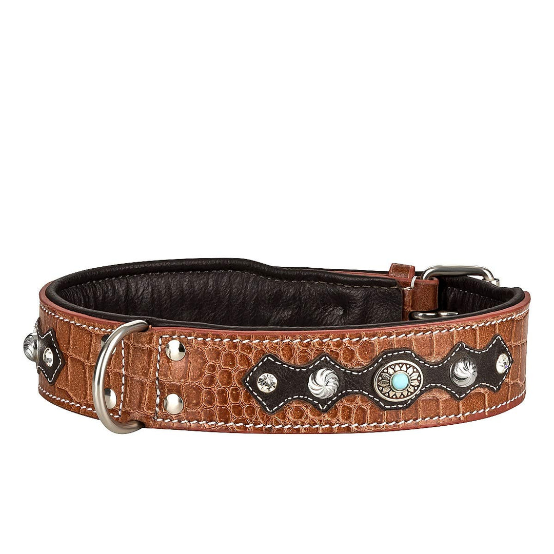 MICHUR Lakota Hundehalsband Leder, Lederhalsband Hund, Halsband, BRAUN, Leder, Blaue Steine MIT RUND