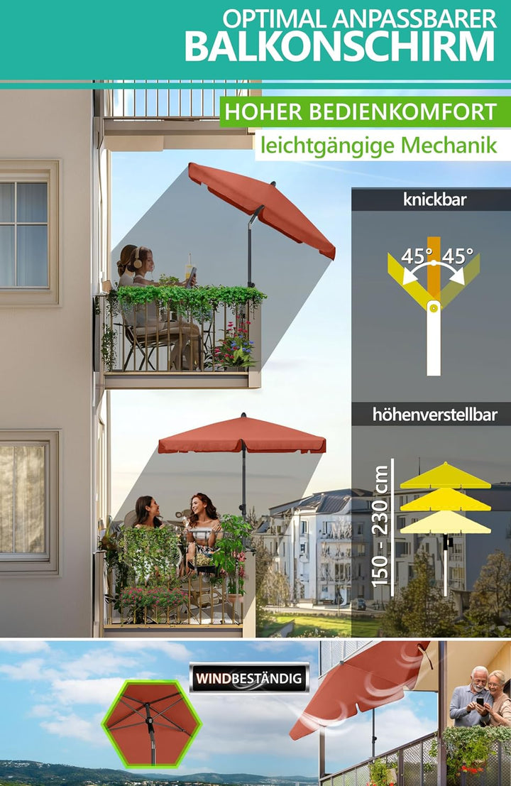4smile Sonnenschirm Balkon SunnyShade, 200 x 125 cm, Orange - UPF 50+ Sonnenschirm rechteckig als So