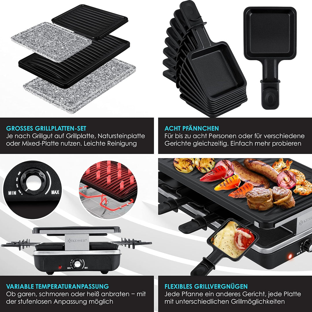 KESSER® Raclette-Grill mit Naturgrillstein, Grillplatte Tischgrill für 8 Personen, Elektrogrill Racl