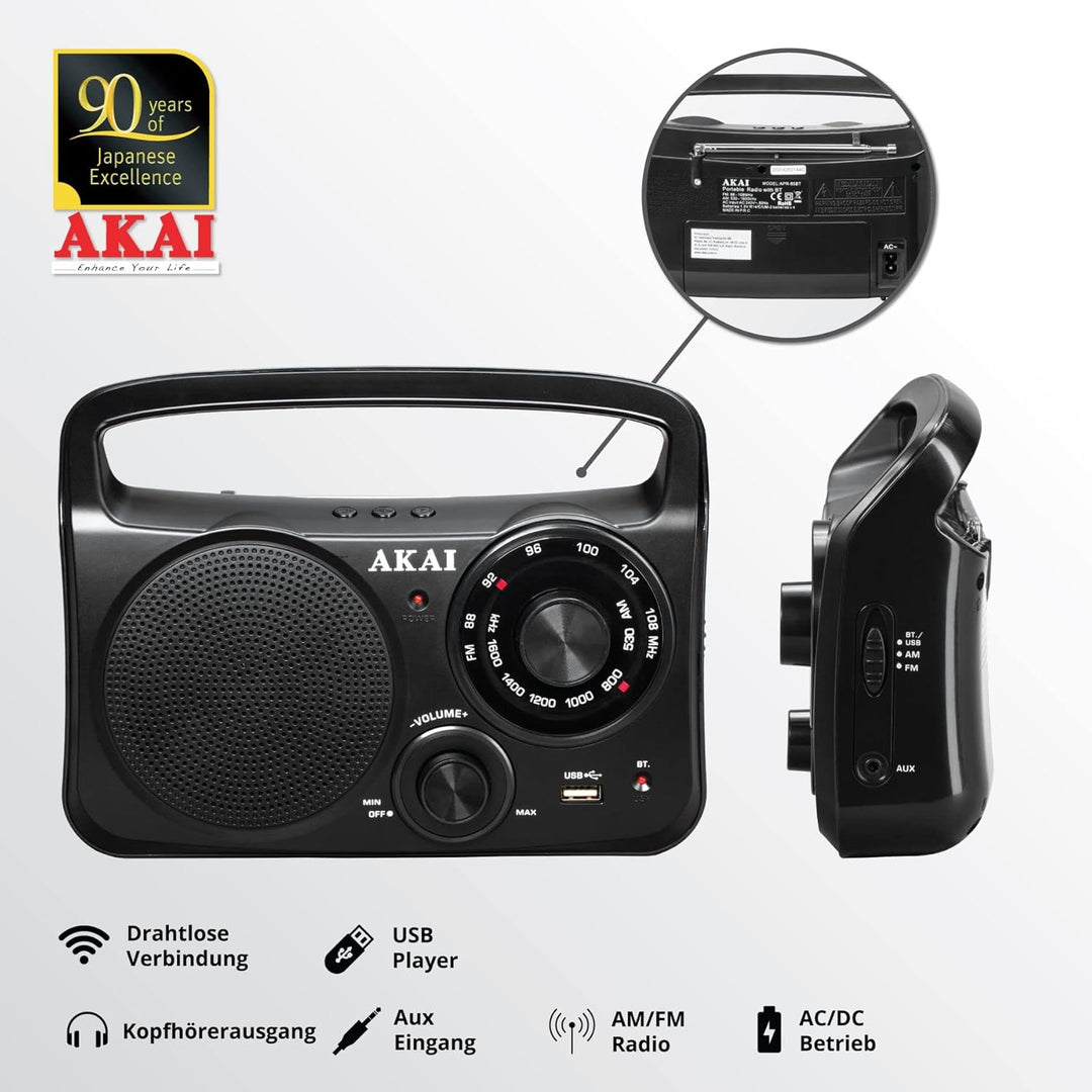 AKAI Tragbares AM/FM Radio mit Bluetooth, USB und AUX Klassisch, Robust und einfach in der Bedienung