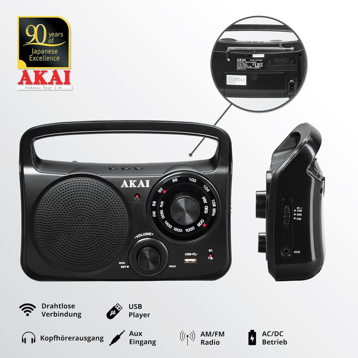 AKAI Tragbares AM/FM Radio mit Bluetooth, USB und AUX Klassisch, Robust und einfach in der Bedienung