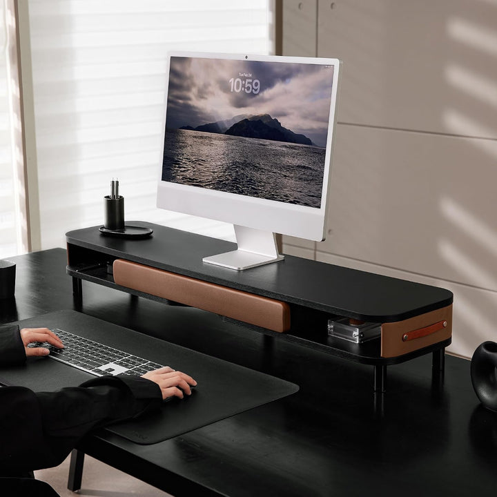 Fenge Dual Monitorständer mit Schublade, 108cm Bildschirmerhöhung mit Aluminiumbeinen & Ledergriff,