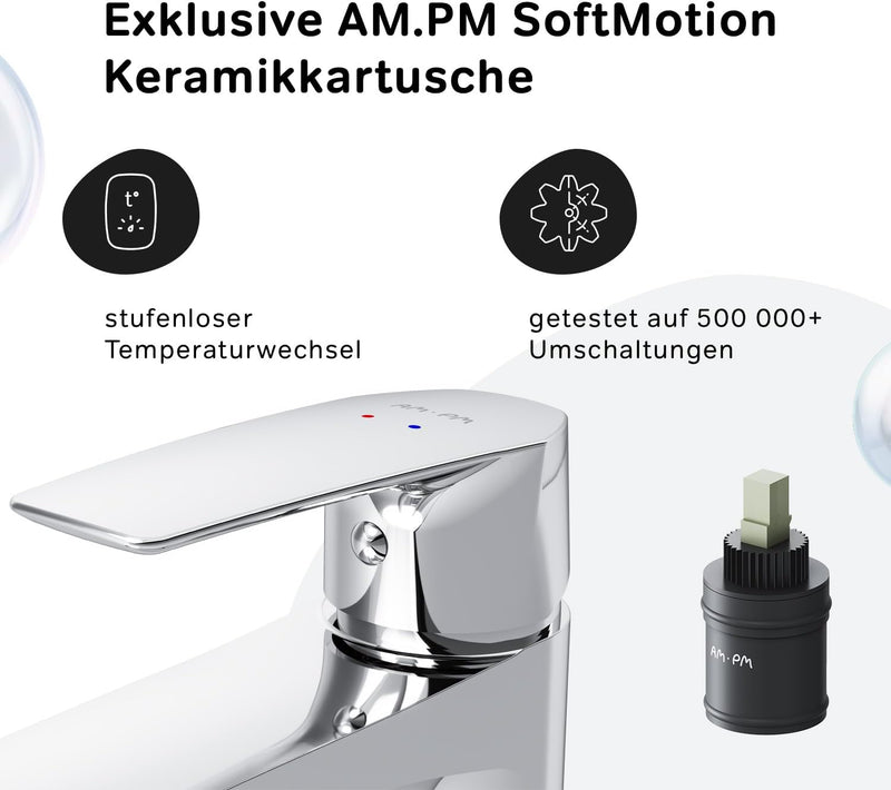 AM.PM GEM FGA82100 Einhebel-Waschtischarmatur, kratzfester Wasserhahn, mit Klick-Ablaufgarnitur, Aus