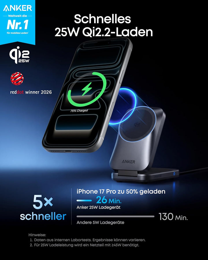 Anker Prime 3-in-1 Ladestation, AirCool kabelloses Ladegerät, 25W Qi2.2-Zertifiziert, kompakt & falt