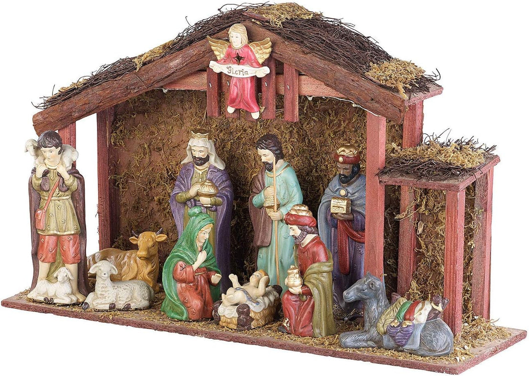 PEARL Weihnachtsdekoration: Grosse Weihnachtskrippe mit 11 Porzellan-Figuren, LED-Beleuchtung (Weihn