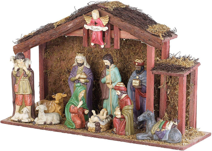 PEARL Weihnachtsdekoration: Grosse Weihnachtskrippe mit 11 Porzellan-Figuren, LED-Beleuchtung (Weihn