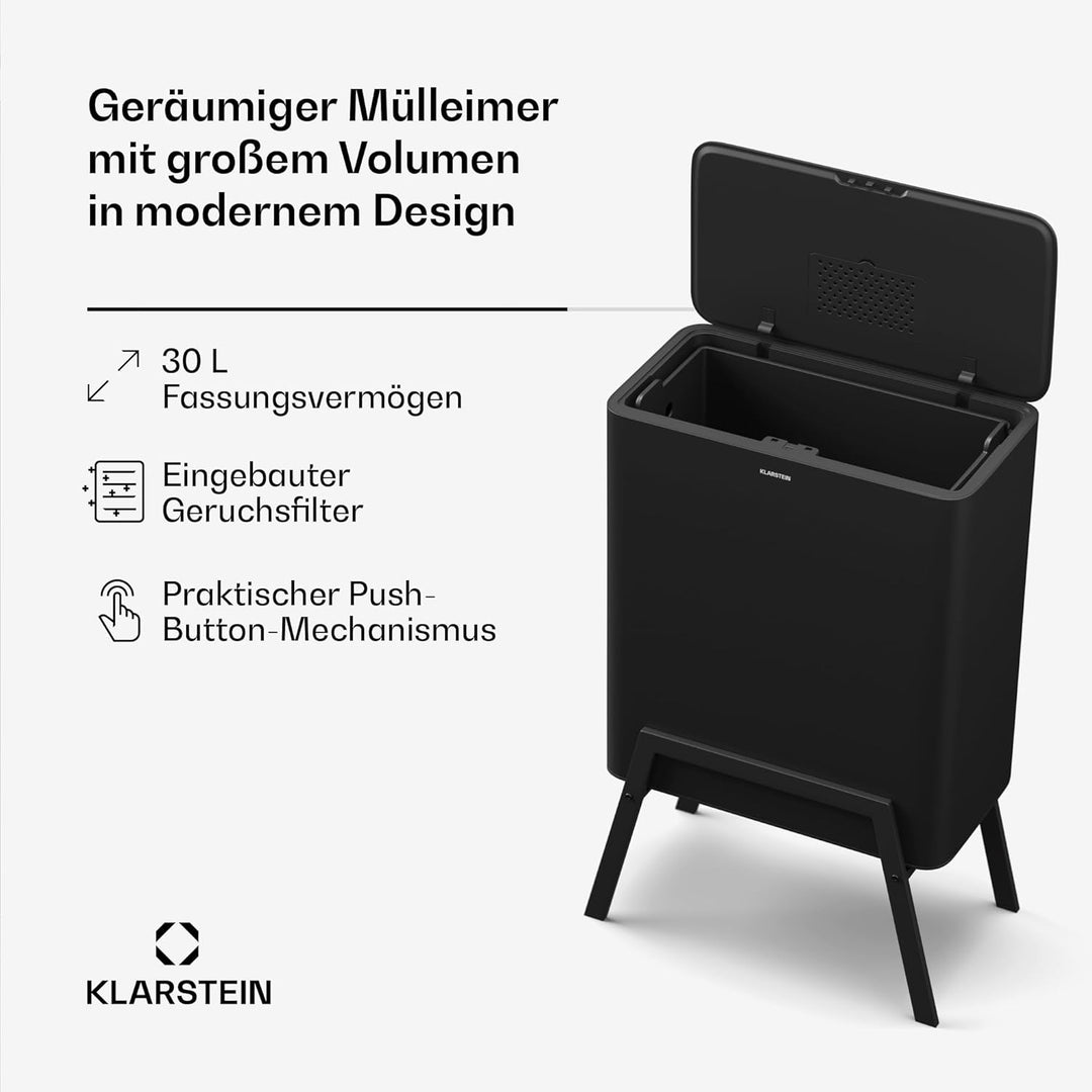 Klarstein Yuma Mülleimer - 30L Abfalleimer mit Geruchsfilter, Druckknopf, Herausnehmbarer Inneneimer