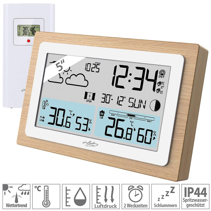 infactory Barometer: Funk-Wetterstation im Echtholz-Rahmen, Wettervorhersage, Uhr, Wecker (Wettersta