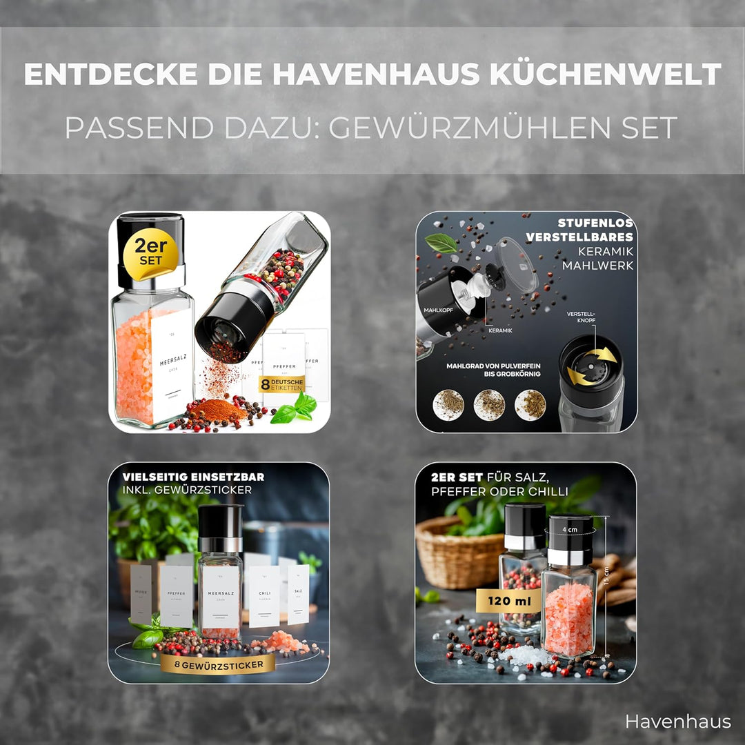 Havenhaus Premium Gewürzgläser Set schwarz | 24 Gewürz Organizer inkl. 336 deutschen Gewürzetiketten