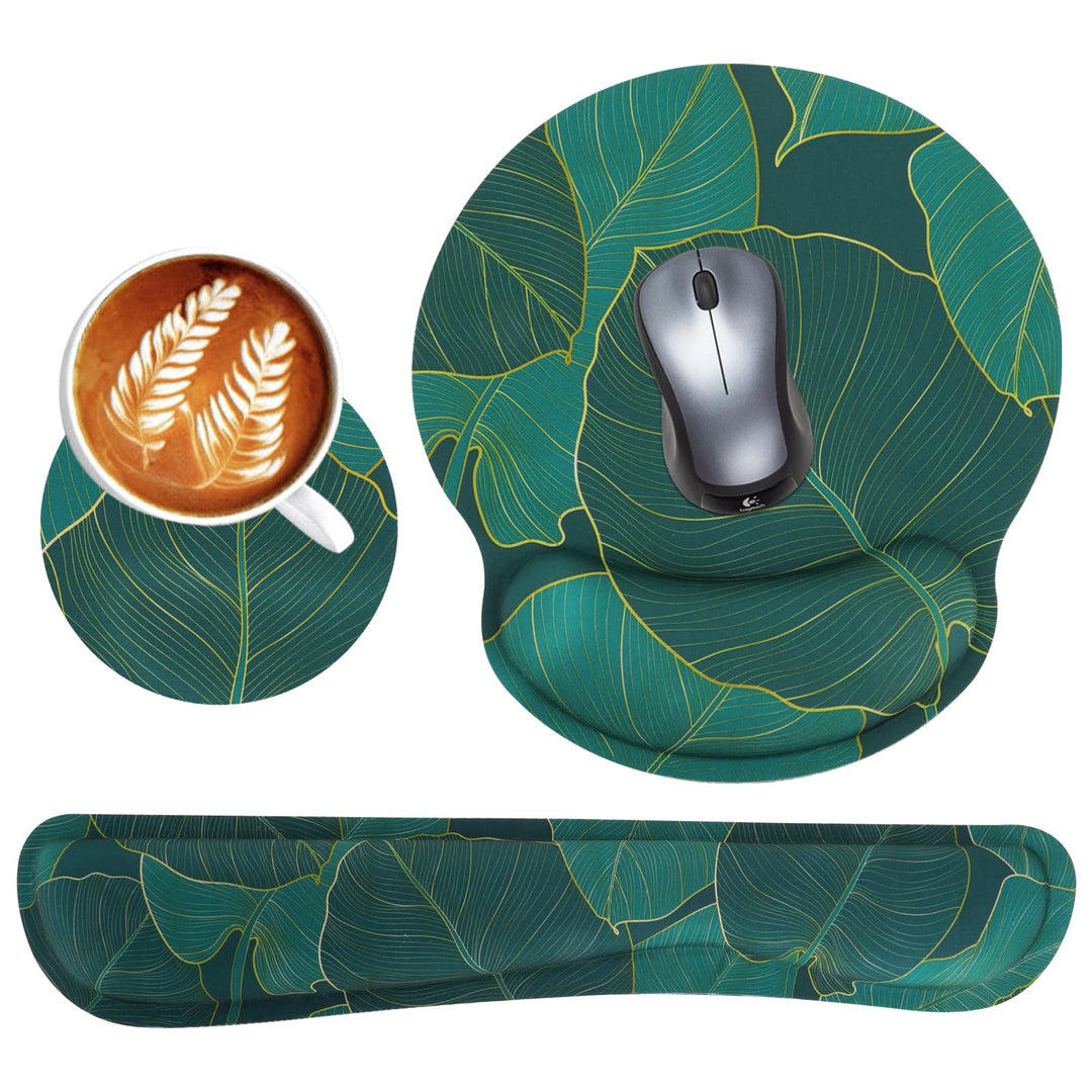 3-in-1 Mousepad Set, Mauspad mit Gelkissen, Handauflage Tastatur + Ergonomisches Mauspad + Untersetz