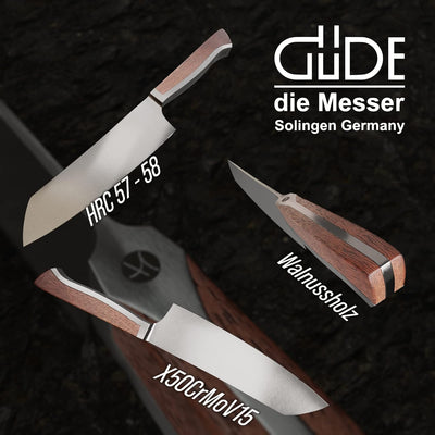 GÜDE Solingen - Santoku Messer geschmiedet, 18 cm, Walnussholz, CAMINADA, Handmade Germany, Braun