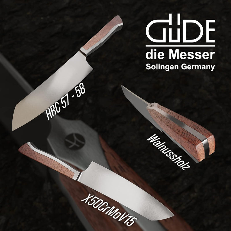 GÜDE Solingen - Santoku Messer geschmiedet, 18 cm, Walnussholz, CAMINADA, Handmade Germany, Braun