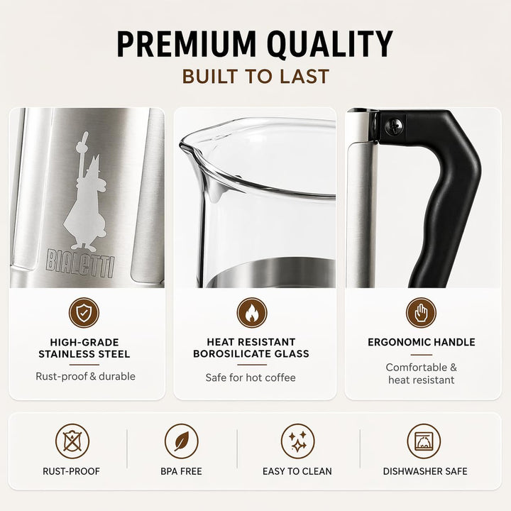 Bialetti Kaffeepresse Preziosa, French Press Filter für Kaffee oder Tee, Gehäuse aus Edelstahl und B