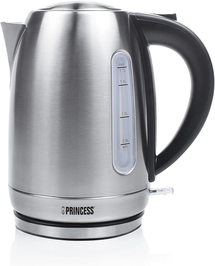 Princess Edelstahl Wasserkocher mit 1,7L Fassungsvermögen - 360° rotierbar mit Wasserstandsanzeige,