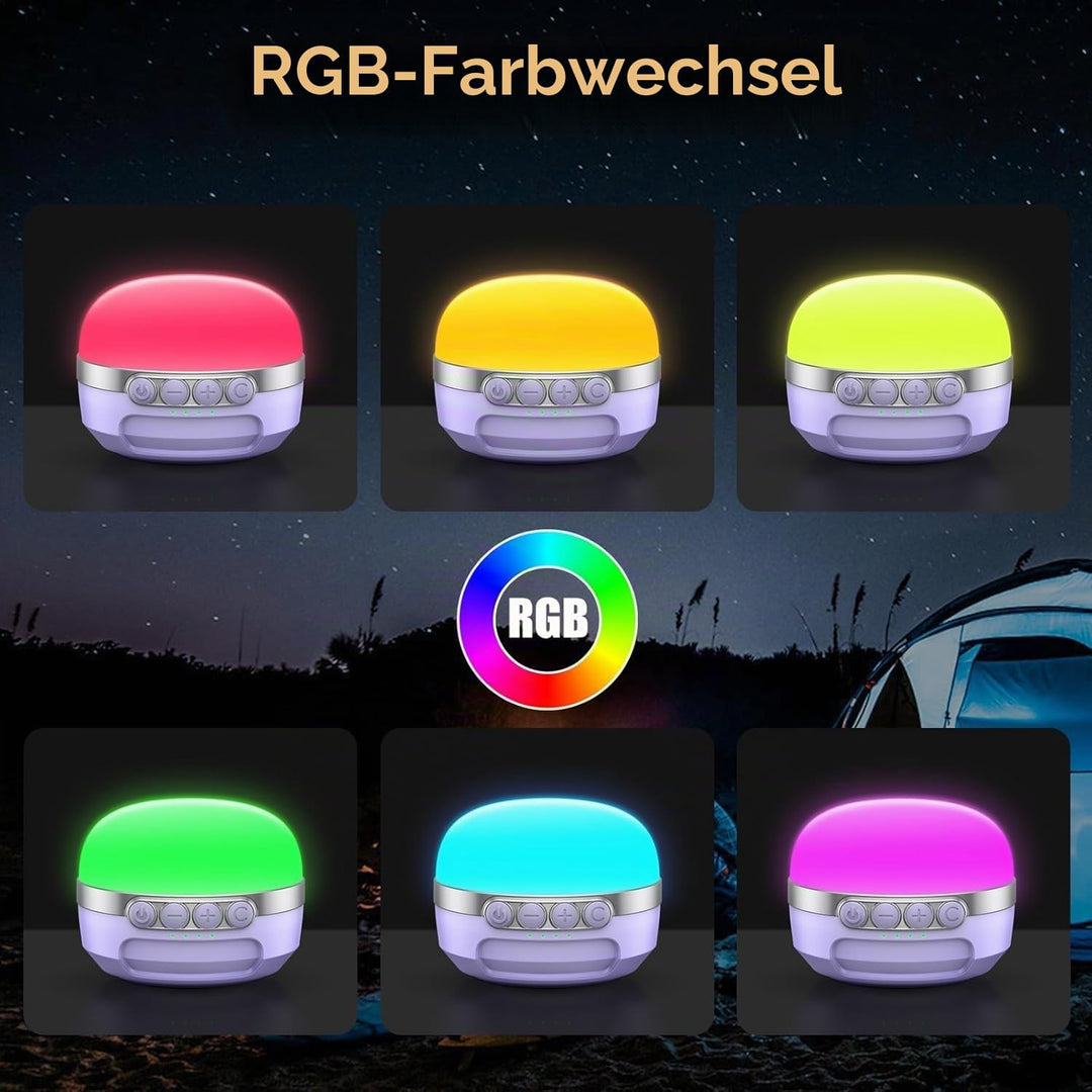 LED Campinglampe, 10400mAh Akku Aufladbar RGB Farblichtwechsel, Stufenlos Dimmbare, Magnetische Camp