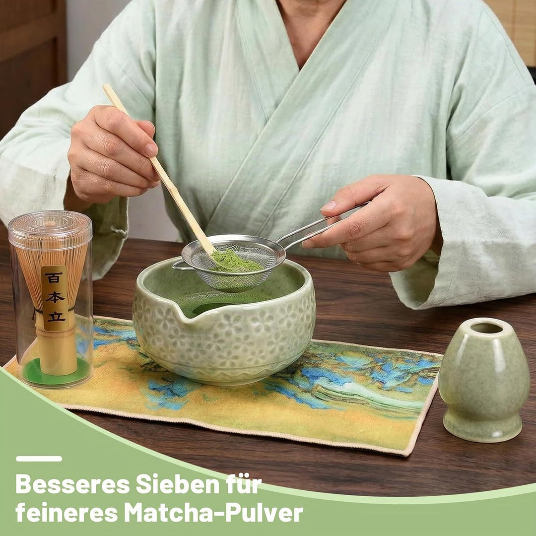 9‑in‑1 Matcha Set mit Matchaschale (560ml), Glas, Bambusbesen, Bambuslöffel, Sieb & Teematte – Japan