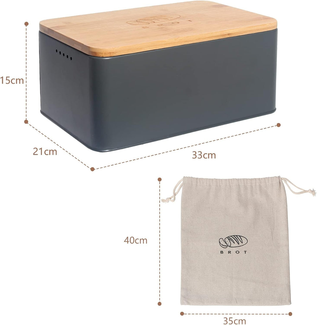 Theo&Cleo Brotkasten mit Schneidebrett , 33x21x15cm , Matte Brotbox mit Bambusdeckel und Leinen Brot