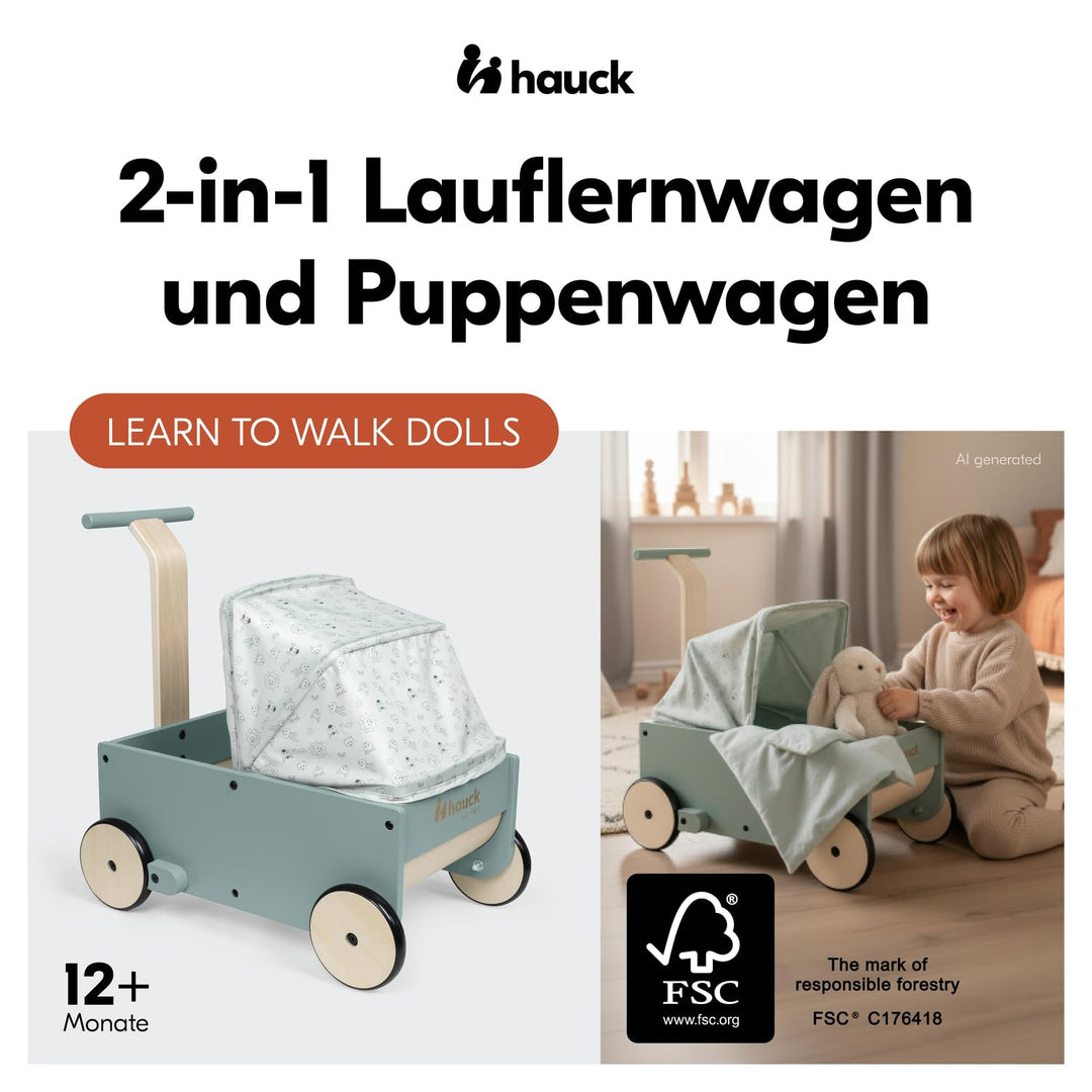 Hauck Learn to Walk Dolls - 2in1 Puppenwagen &amp; Lauflernwagen aus Holz für Kinder ab 12 Monaten inklu
