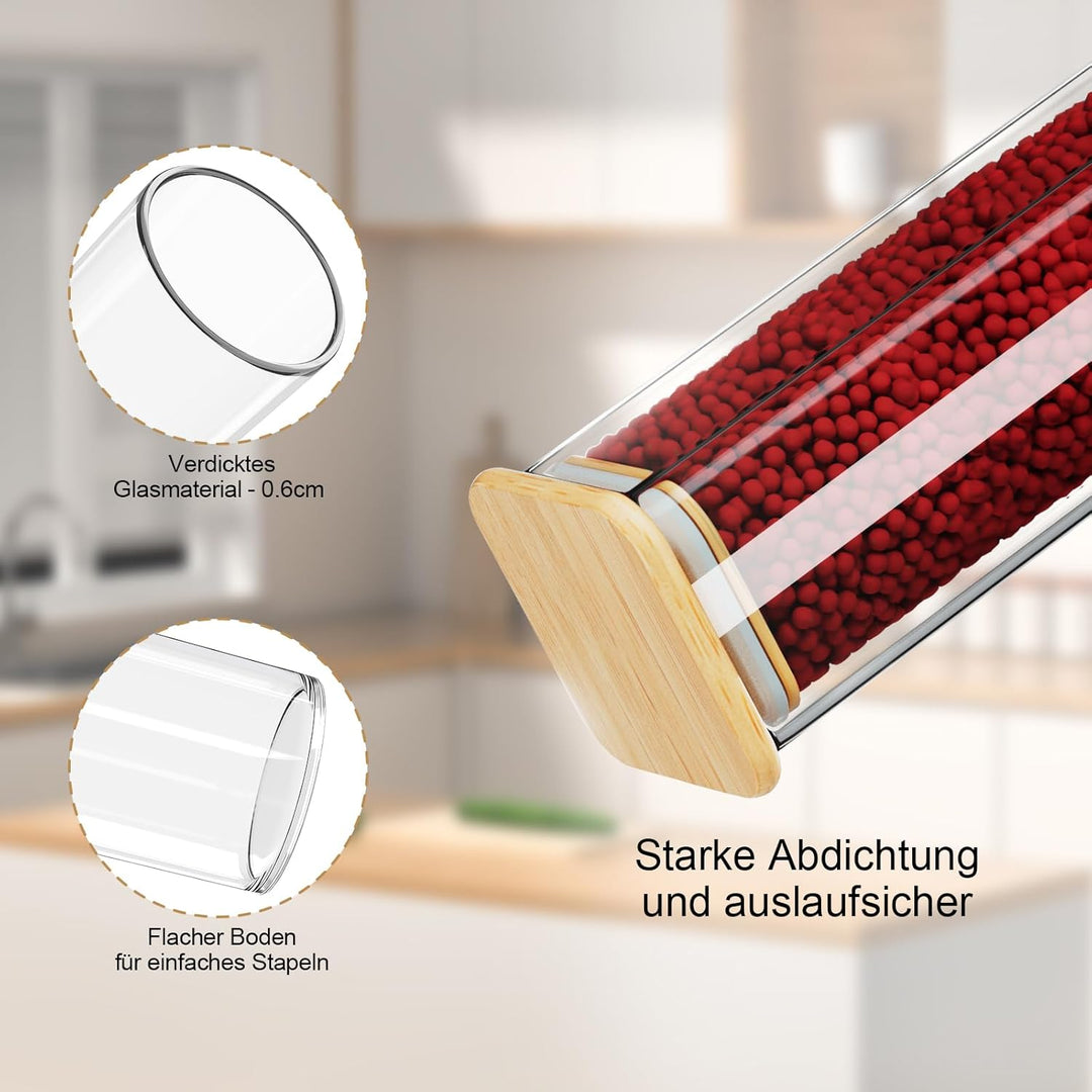 FINEW Gewürzgläser Set Eckig-12 x 500ml, Hochwertig Gewürzdosen Glasbehälter mit Bambusdeckel Stapel