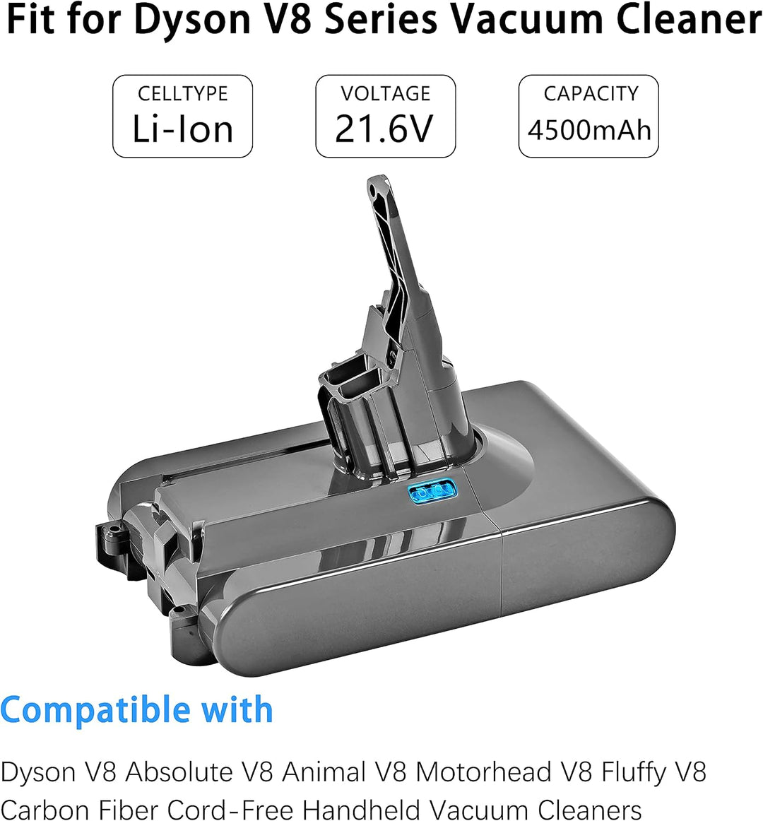 4500-mAh-Ersatzakku für Dyson V8-Serie, 21,6-V-Hochleistungs-Lithium-Ionen-Akku, kompatibel mit SV10