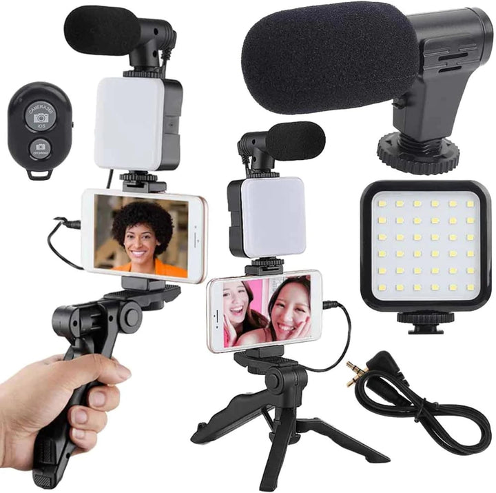 PARENCE.- Komplettes Vlogging-Set für Smartphone – verstellbares Stativ, Richtmikrofon, LED-Beleucht