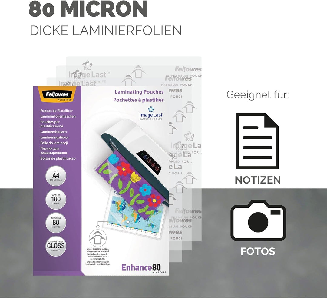 Fellowes Laminierfolien A4, glänzend, Laminierfolie mit 80 mic pro Seite, mit ImageLast Ausrichtungs