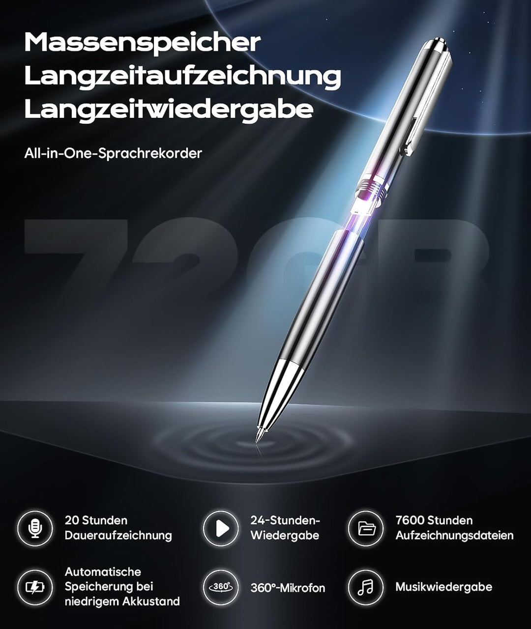 72GB Diktiergerät mit USB-C, 1800h Speicher Diktiergerät Aufnahmegerät, Wiedergabe mit DSP-Rauschunt