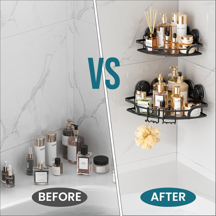 TAILI Duschablage Ohne Bohren,Einstellbar Ecke Dusche Caddy Saugnapf 2er Set Dusche Zubehör mit Hake